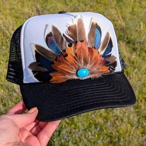 Feather Trucker Hat, Handmade, One of a Kind