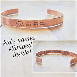 Copper Mama Bear and Baby Bear Bracelet, with Kids Names Stamped Inside, Solid Copper, Hammered Finish