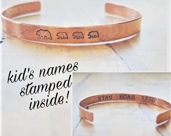 Copper Mama Bear and Baby Bear Bracelet, with Kids Names Stamped Inside, Solid Copper, Hammered Finish