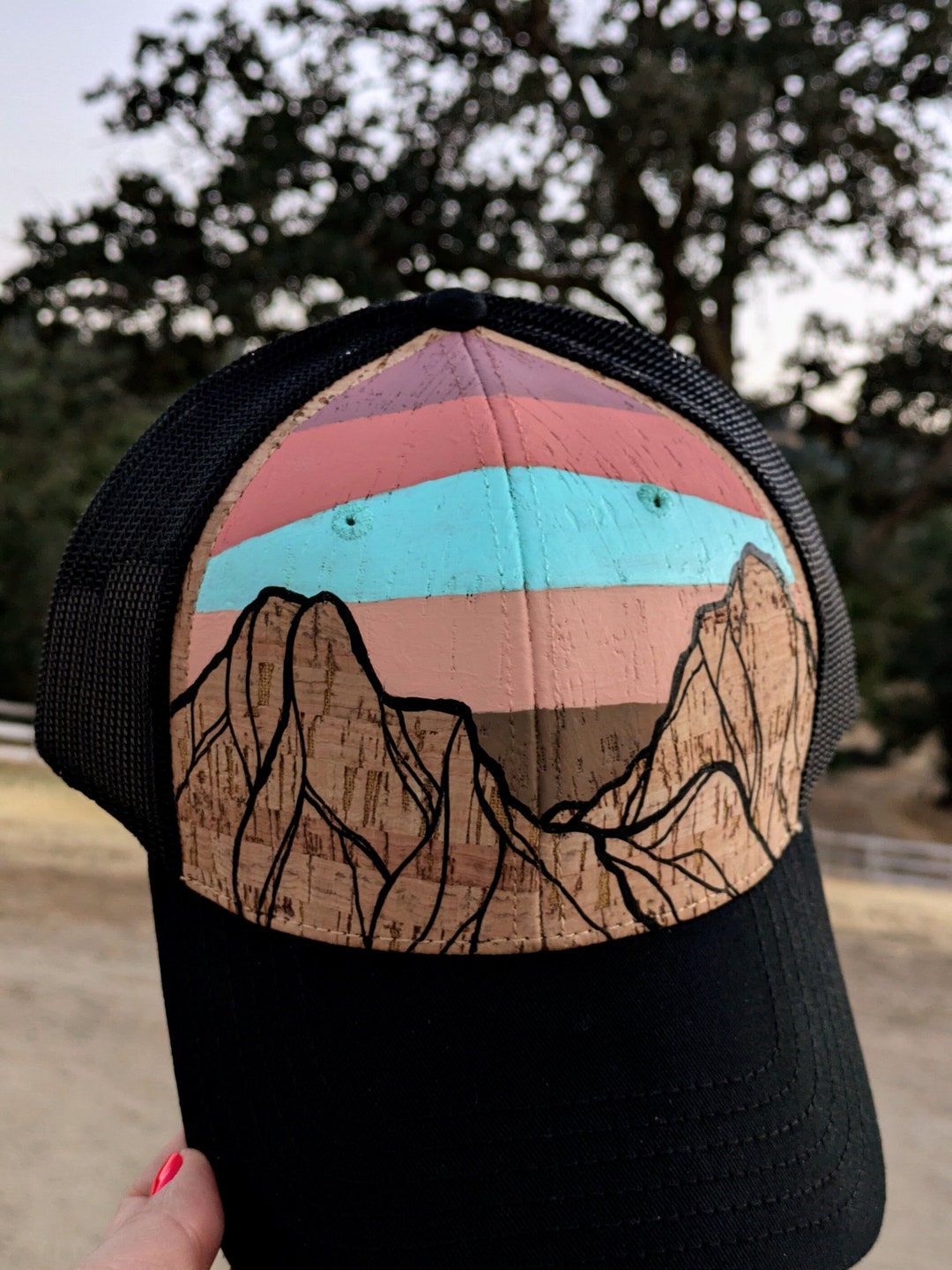 Hand Painted Trucker Hat, Landscape, Mountain Scenery, OOAK  display picture 2