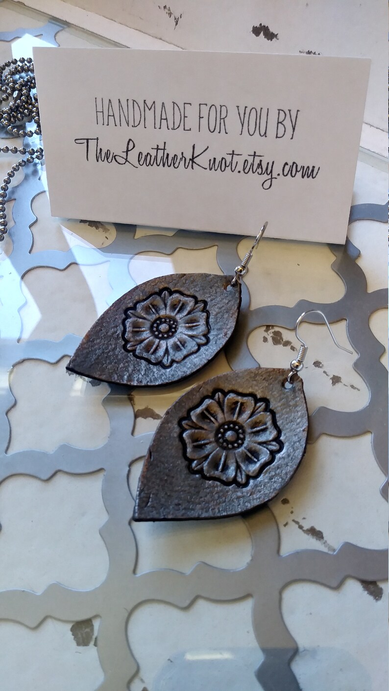Hand Painted Boho Style Handmade Gift Boxed Matching Set Genuine Leather Tooled Gift Set of Leather Jewelry Earrings and Necklace