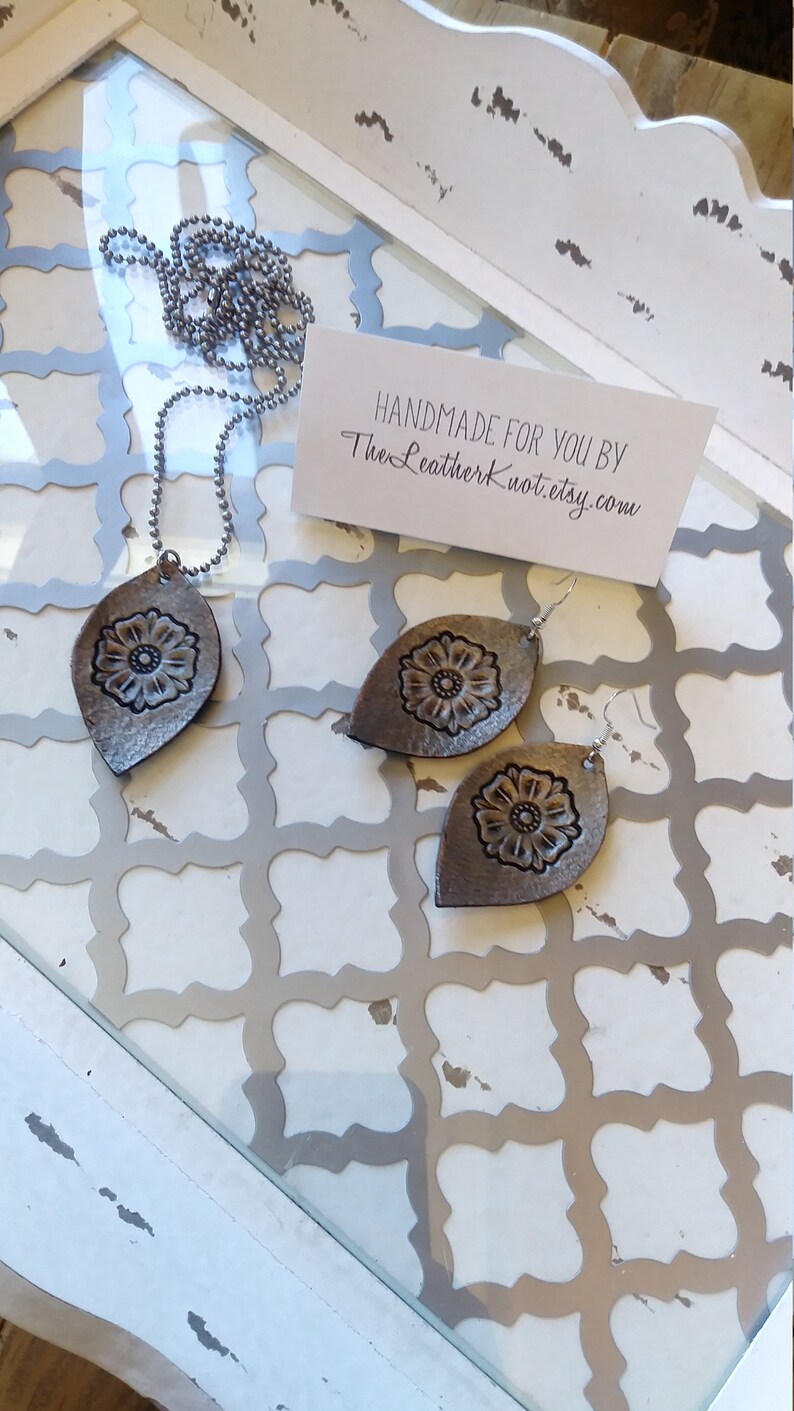 Hand Painted Boho Style Handmade Gift Boxed Matching Set Genuine Leather Tooled Gift Set of Leather Jewelry Earrings and Necklace