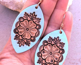 Turquoise Leather Earrings, Hand Tooled Florals, OOAK