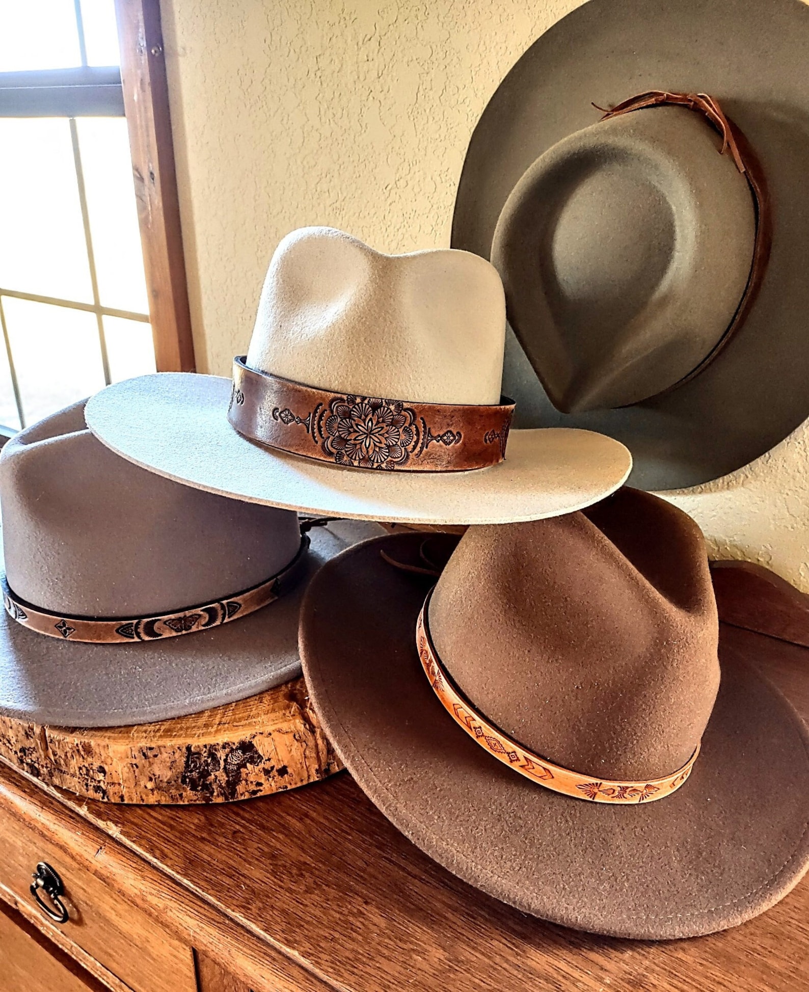 Leather Hat Band Hand Tooled Western Boho Felt Hat Etsy