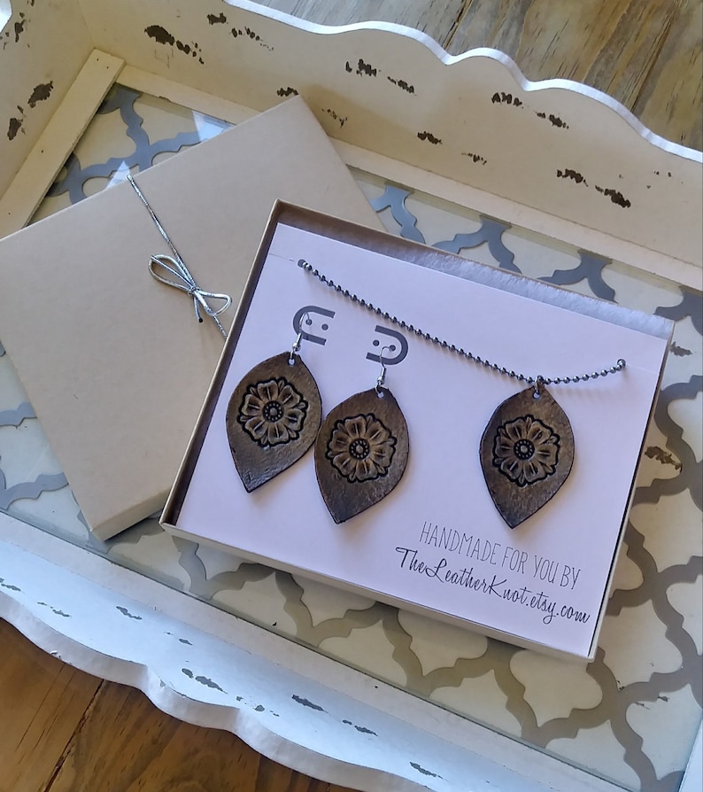 Hand Painted Boho Style Handmade Gift Boxed Matching Set Genuine Leather Tooled Gift Set of Leather Jewelry Earrings and Necklace