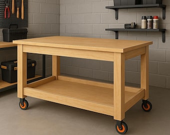 Puede incluir: Un banco de trabajo de madera de color claro con un estante inferior y ruedas. El banco de trabajo está en un taller con herramientas y contenedores de almacenamiento visibles. El texto "BEGINNER FRIENDLY!" está en la parte inferior.