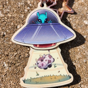 Alien Abduction Cow Wooden 2.5 Inch Charm