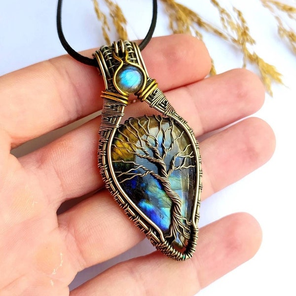 Labradorite tree of life pendant, wire wrapped necklace for men, one of a kind artisan jewelry, multi stone necklace