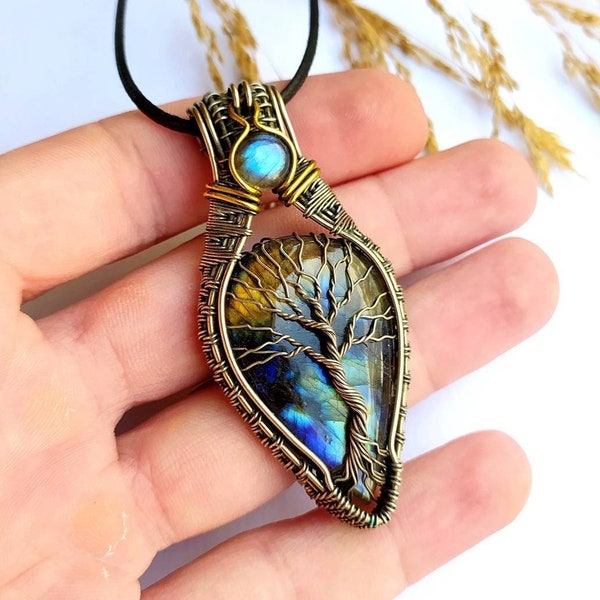 Ciondolo albero della vita in labradorite, collana avvolta in filo da uomo, gioielli artigianali unici nel loro genere, collana multi pietra