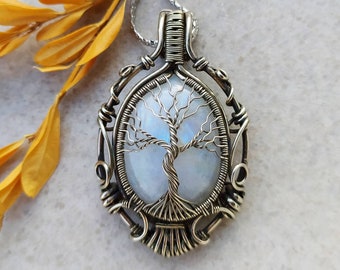 Moonstone tree of life necklace, wire wrapped pendant, moonstone silver necklace, wire wrap jewelry, healing crystal necklace