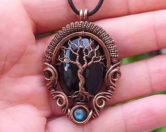 Black onyx tree of life pendant with Labradorite, wire wrapped tree of life jewelry, copper wire necklace