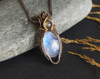 Blue Moonstone pendant, Moonstone and Green Labradorite wire wrapped necklace, hand made crystal jewelry