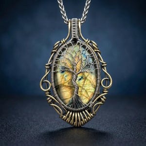 Colgante de árbol de la vida de labradorita envuelto en alambre: joyería de piedras preciosas hecha a mano