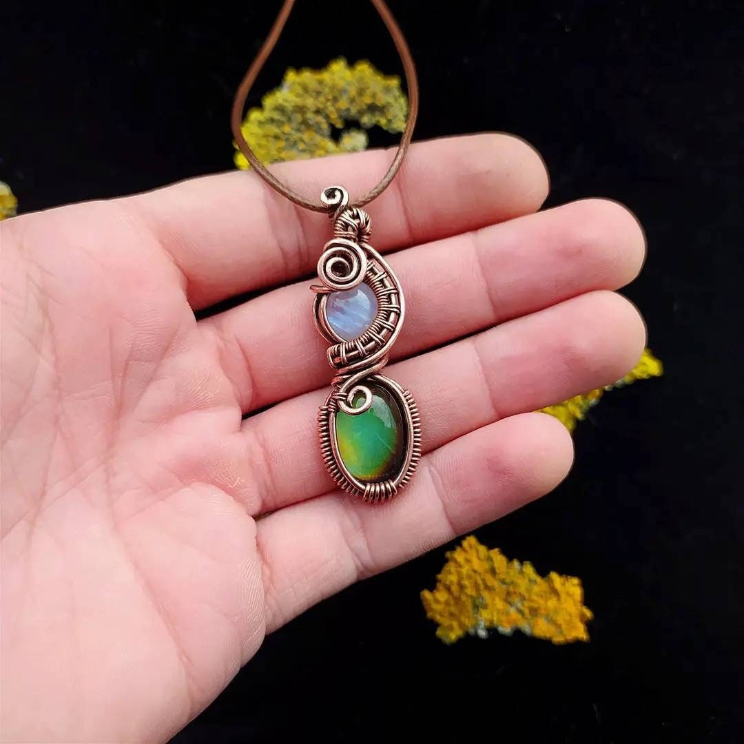 Color Changing Pendant, Mood Cabochon Necklace, Wire Wrapped Necklace