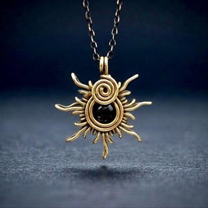 Sun Necklace, Onyx Brass Sunshine Pendant, Handmade Gemstone Jewelry, Spiritual Gift
