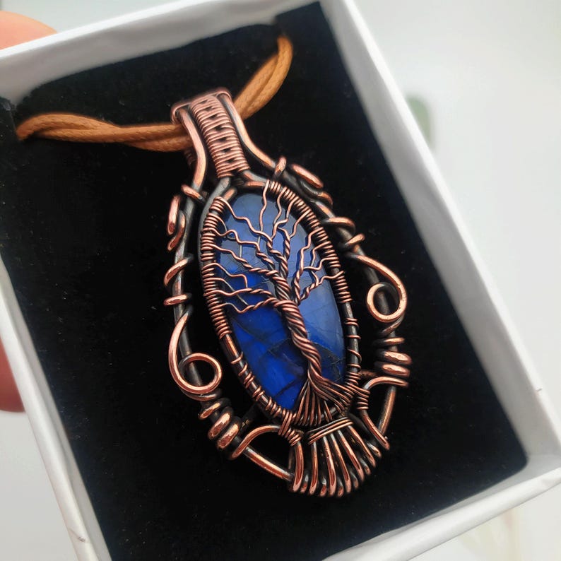 Labradorite Tree of Life Pendant, Copper Wire Wrapped Necklace, Blue