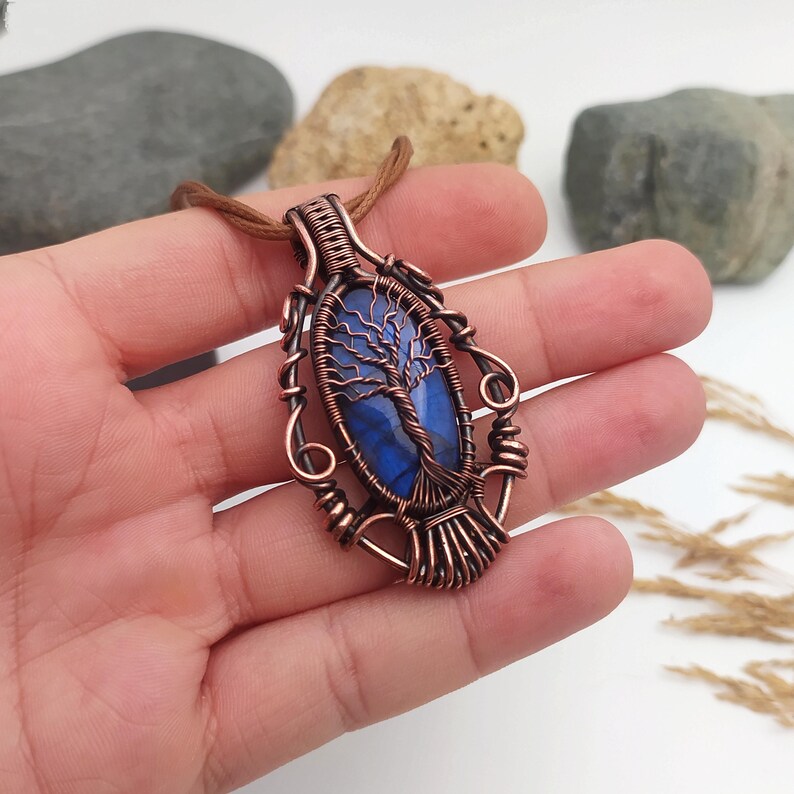 Labradorite Tree of Life Pendant, Copper Wire Wrapped Necklace, Blue