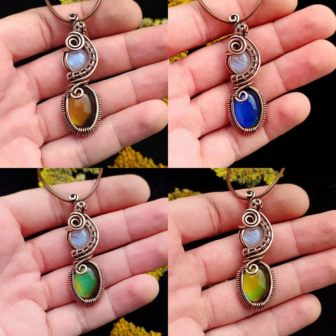 Color Changing Pendant Mood Cabochon Necklace Wire Wrapped Etsy
