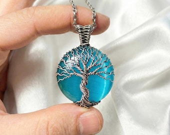 Blue Cats Eye Tree of Life Pendant, Wire Wrapped Spiritual Necklace