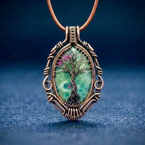 Colgante del Árbol de la Vida con Rubí y Fucsita, Collar envuelto en alambre, Joyería de cobre, Talismán espiritual hecho a mano