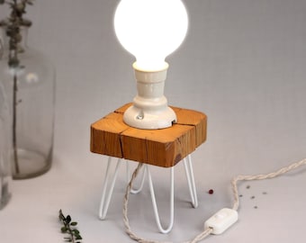 Unique desk lamp with hairpin legs, reclaimed barn beam wood and vintage porcelain socket, Wabi Sabi rustic lamp, unique gift for birthday