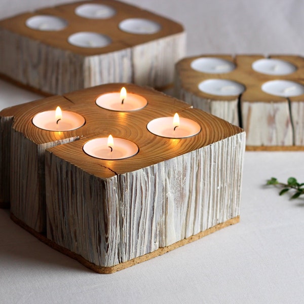 Portavelas candelita de madera maciza recuperada de viga de granero para 4 candelabros