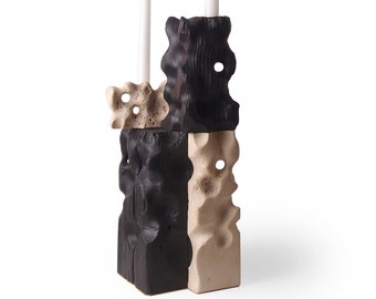 Holey Tower Candle Holder, Sculptured Candle Holder from Reclaimed Burned Wood and Carved Limestone