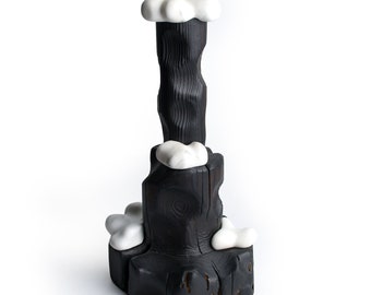 Cumulus, Sculptured Candle Holder from Reclaimed Burned Wood and White Marble