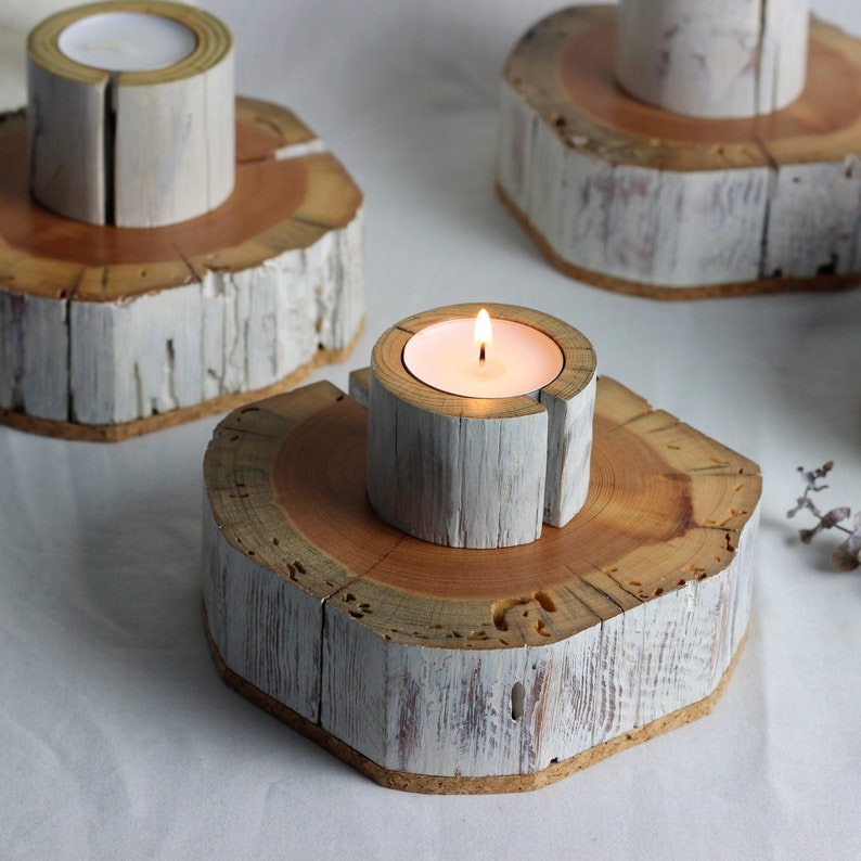 Salvaged wood tea light candle holder set of 3, wabi-sabi style tea light holder image 1