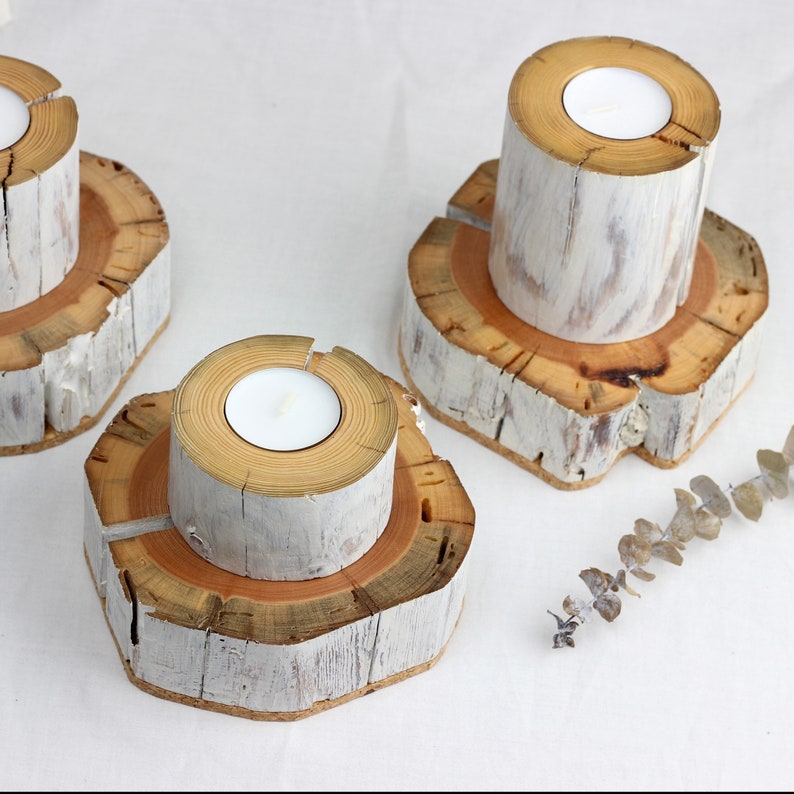 Set of 3 salvaged wood tealight holder, handmade candle holder from reclaimed wood, wabi-sabi style candle holder zdjęcie 3