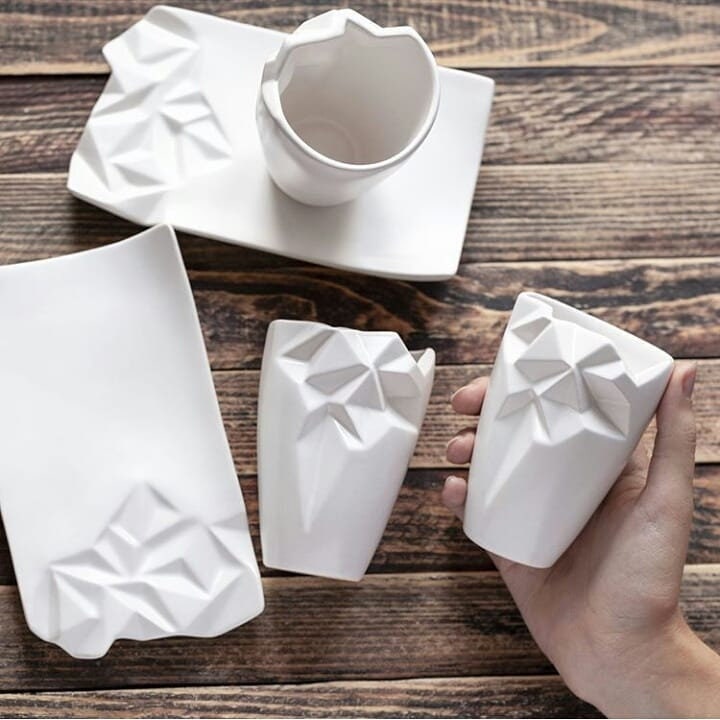 Service à Thé Géométrique, Tasse Origami en Céramique, Ensemble de Deux, Poterie Moderne, Soucoupe A