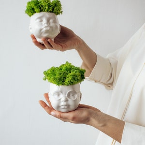 May include: Two white ceramic planter heads with green moss growing on top. The planter on the left has a closed-eye expression, while the planter on the right has a pair of glasses and an open-eye expression.