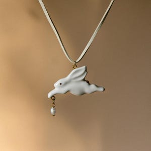 Bunny necklace - Porcelain pendant - Porcelain rabbit - Porcelain heart necklace - Bunny charm - Natural pearl