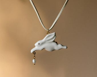 Bunny necklace - Porcelain pendant - Porcelain rabbit - Porcelain heart necklace - Bunny charm - Natural pearl