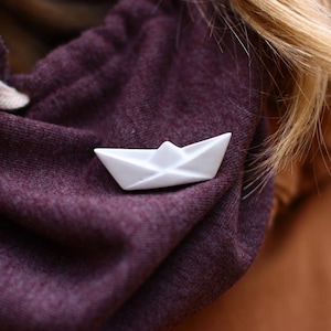Ship brooch, origami boat, gift for friend, ceramic brooch, laconic jewelry, ceramic pin, ceramic jewelry, geometric pin, boat brooch