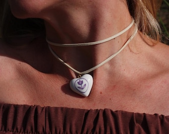 Panted pendant - Heart necklace - Porcelain pendant - Hand painted ceramic charms - Porcelain heart necklace