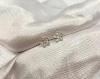 Sterling Silver Tiny Cubic Zirconia Flower Stud Earrings