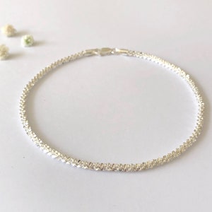 Sterling Silver Sparkly Twist Anklet, Silver Twist Ankle Chain, Twist Ankle Bracelet