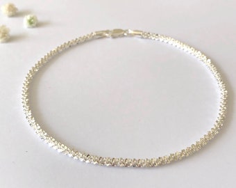 Sterling Silver Sparkly Twist Anklet, Silver Twist Ankle Chain, Twist Ankle Bracelet