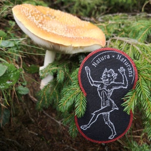 Puede incluir: Un parche bordado negro y rojo con el texto "Natura x Naturans" y una ilustración blanca de una criatura bailando con una cola larga y cuernos.