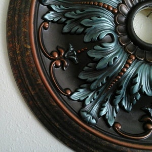 Elegant and Stunning!  You will TOTALLY LOVE this  Hand Painted Turquoise & Copper Ceiling Medallion 20&quot; Chandelier Lighting Trim Home Decor