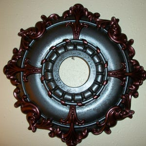 Add a Vintage Flair Home Decor - Hand Painted Ceiling Medallion Chandelier Trim Pewter Charcoal Gray Black Garnet - Metallic Paint - 18&quot;