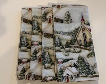 Winter, Christmas, Country Church, Snow Scene, Cloth napkins, fabric napkins, cloth dinner napkins, christmas napkins, dinner napkins
