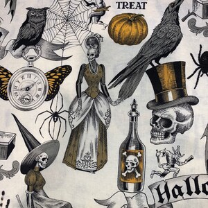 May include: A white fabric with a Halloween theme featuring a variety of images including a witch, a skeleton, a skull, a raven, a pumpkin, a spider, a clock, a bottle, and a banner that says "Hallo".