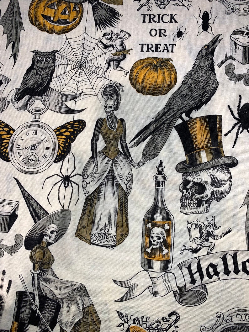 May include: A white fabric with a Halloween theme featuring a variety of images including a witch, a skeleton, a skull, a raven, a pumpkin, a spider, a clock, a bottle, and a banner that says "Hallo".