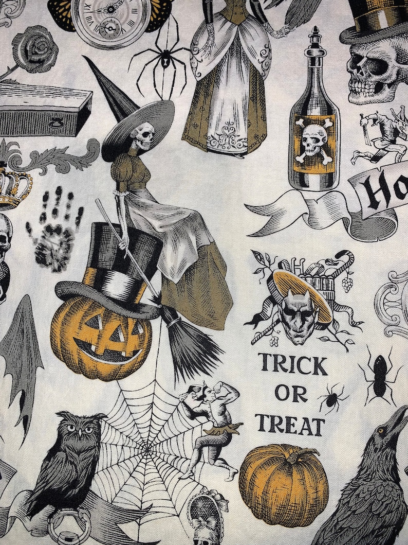May include: A white fabric with a Halloween theme featuring a variety of illustrations including a witch, a spider, a pumpkin, a crow, a bottle, a skull, a clock, a handprint, a spiderweb, and the text "Trick or Treat".