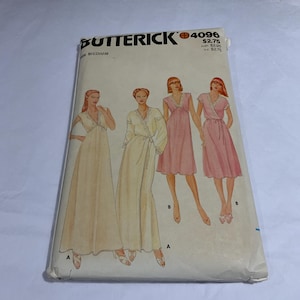 May include: A Butterick 4096 sewing pattern envelope for size medium. The front features illustrations of four garments: two floor-length gowns in cream and two knee-length dresses in pink, all with V-necklines and wrap-style silhouettes.