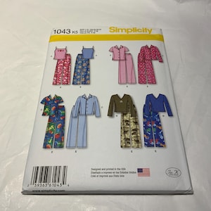 May include: Simplicity sewing pattern 1043 K5 featuring various pajama sets. The cover displays illustrations of different pajama styles, including tops and bottoms in various colors and patterns. The pattern is designed and printed in the USA.