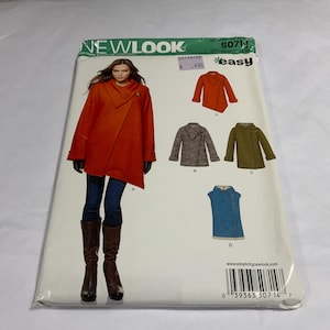 May include: A New Look S0714 sewing pattern envelope featuring illustrations of four jacket variations. The main image shows a long-sleeved, asymmetrical orange coat. Smaller images display a grey textured jacket, an olive green jacket, and a blue vest.