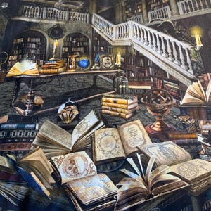 May include: A detailed illustration of a library interior filled with books, candles, and antique objects. The scene includes open books with detailed illustrations, a staircase, and shelves packed with books. The color palette is dominated by browns, tans, and dark grays.